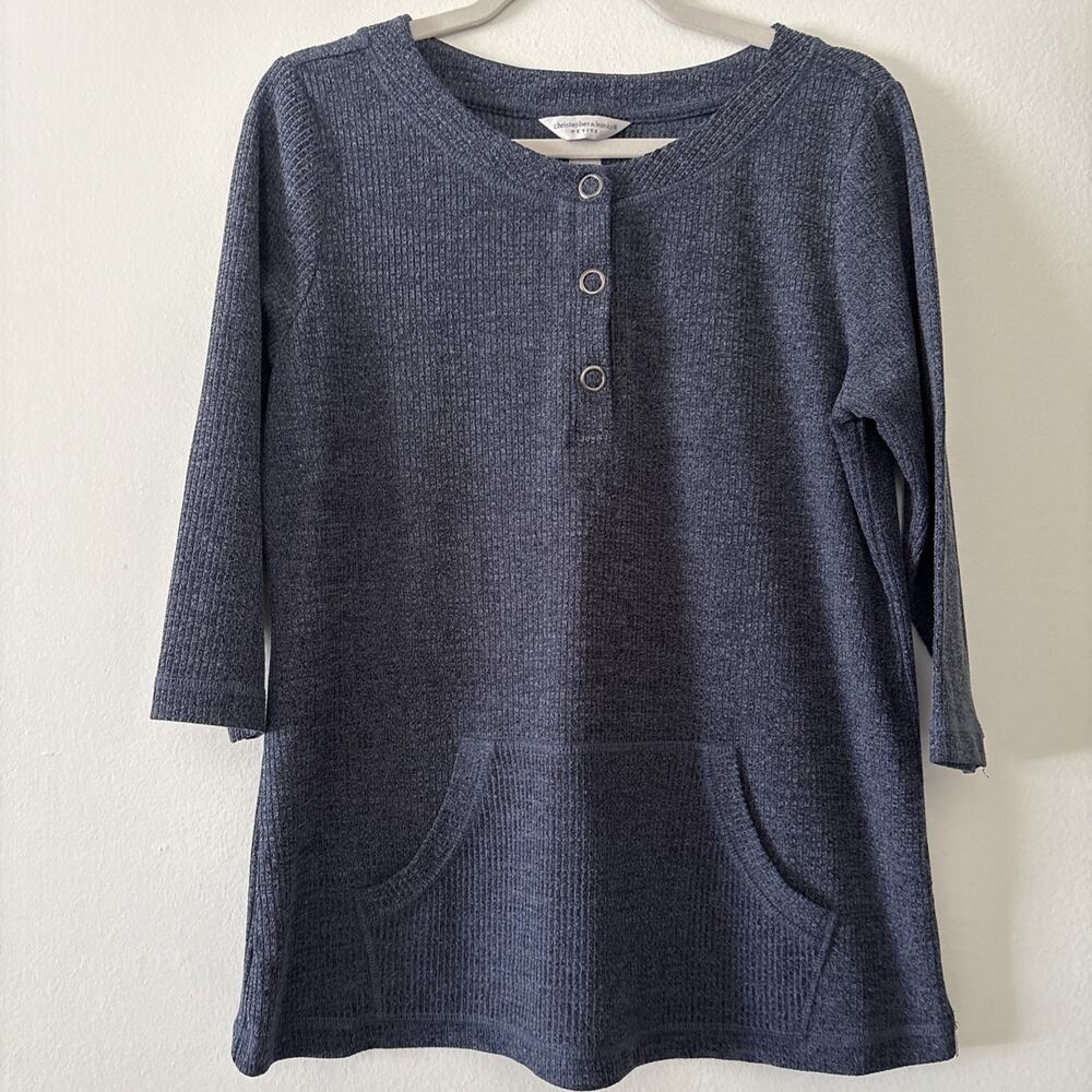 Christopher & Banks Blue Ribbed 1/4 Snap Up Sweater Tunic Kangaroo Pocket 3/4 PL